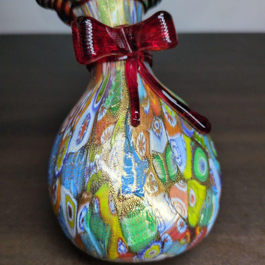 ムラーノ 金彩カラフル ミルフィオリ リボン付き 花瓶 高さ約12cm