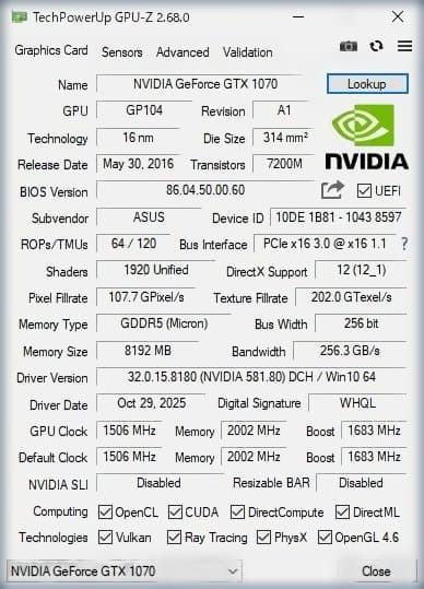 グラフィックボード・グラボ・ビデオカード ASUS NVIDIA GeForce GTX1070 8GB