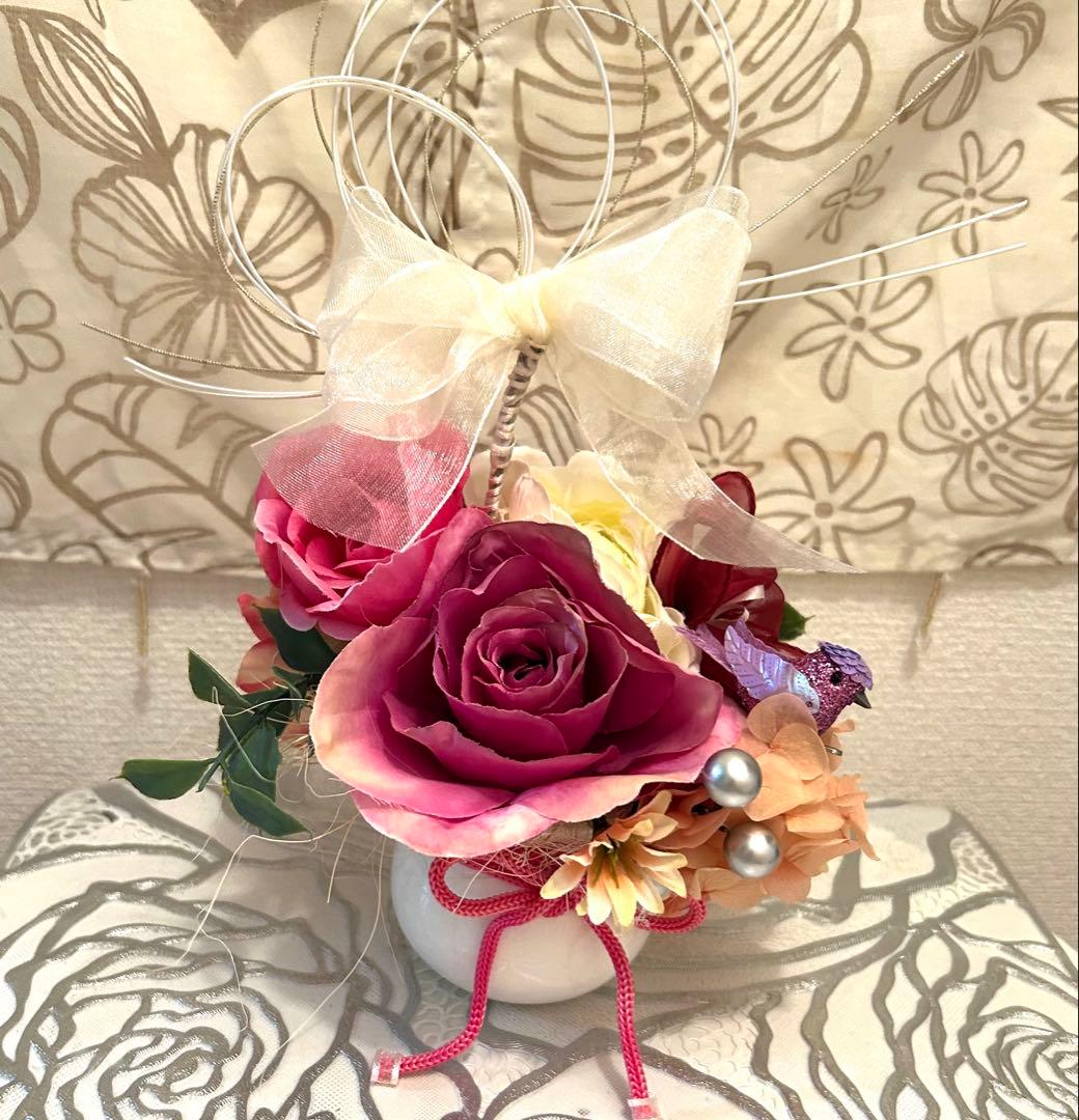 «846»◤完売◢♥️感謝祭♥️フラワーオブジェ*薔薇*紫陽花*小鳥*パープル