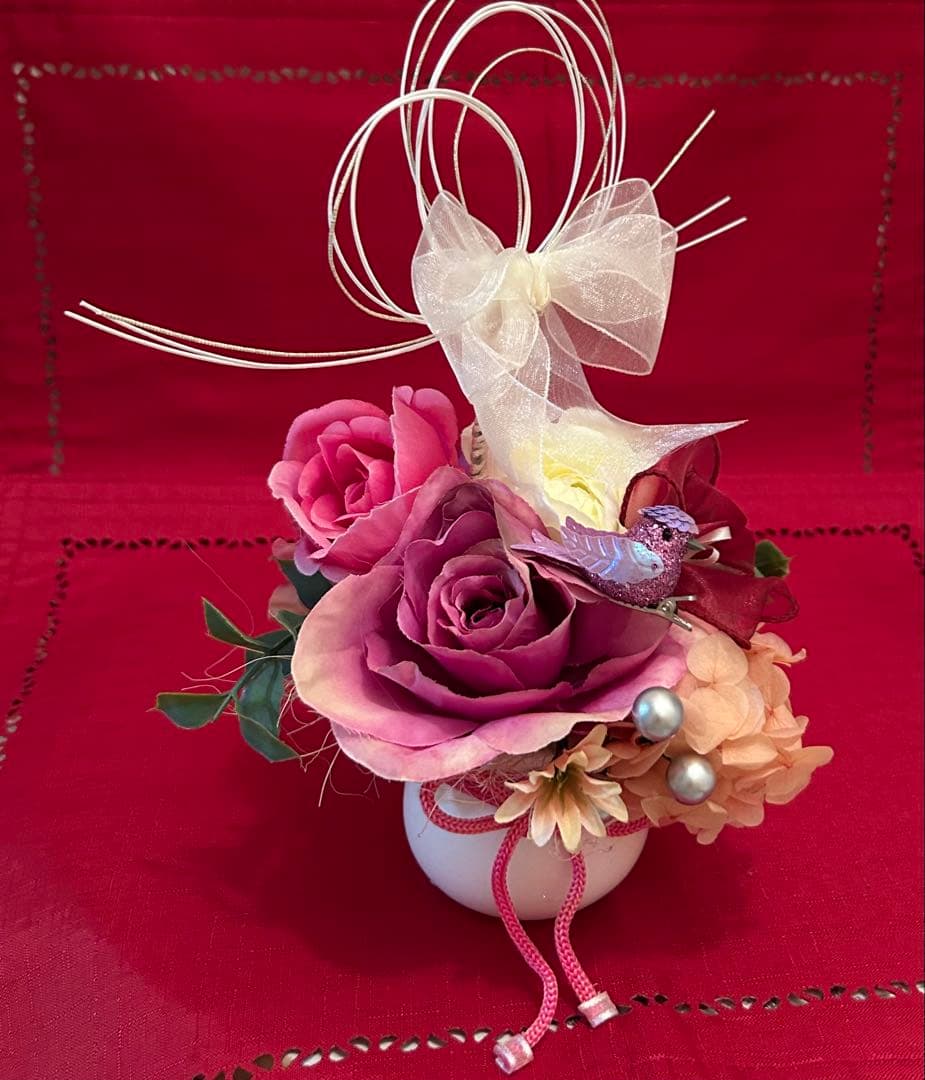 «846»◤完売◢♥️感謝祭♥️フラワーオブジェ*薔薇*紫陽花*小鳥*パープル