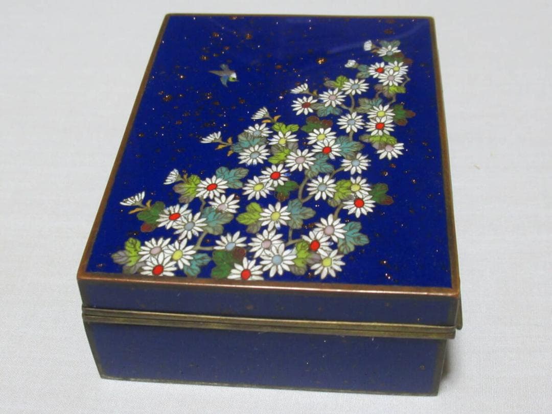 美品 希少 大正時代◆京七宝 稲葉七宝 内銀鍍銀 外観(小鳥/小菊図) 小物入れ