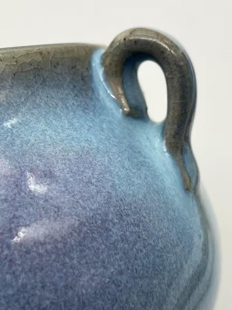明时代 鈞窯　青磁 澱青月白釉紫斑 双糸耳香炉 水丞 香炉　茶道具(A-91)