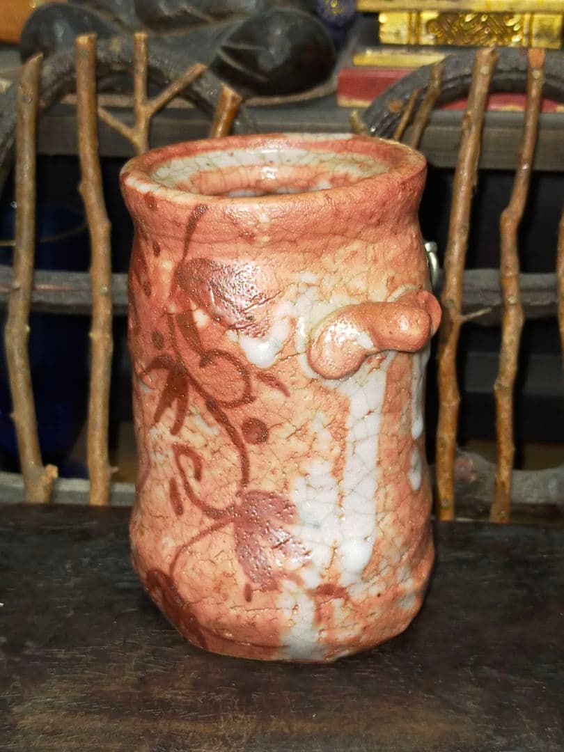 ♥志野　花器　桐箱付き　２　花瓶　掛花入れ　骨董品　アンティーク