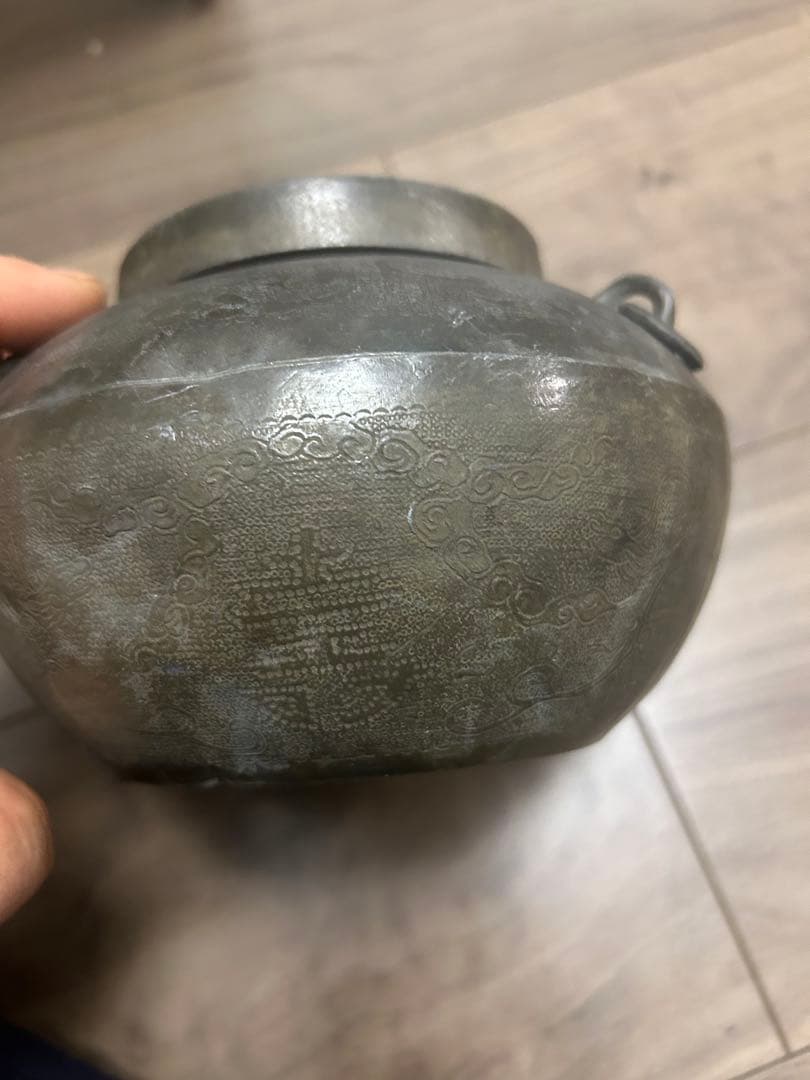 王東文造 古錫製 雲龍鳳凰文刻 三耳壷 茶入 中國古玩 唐物 時代物 骨董品