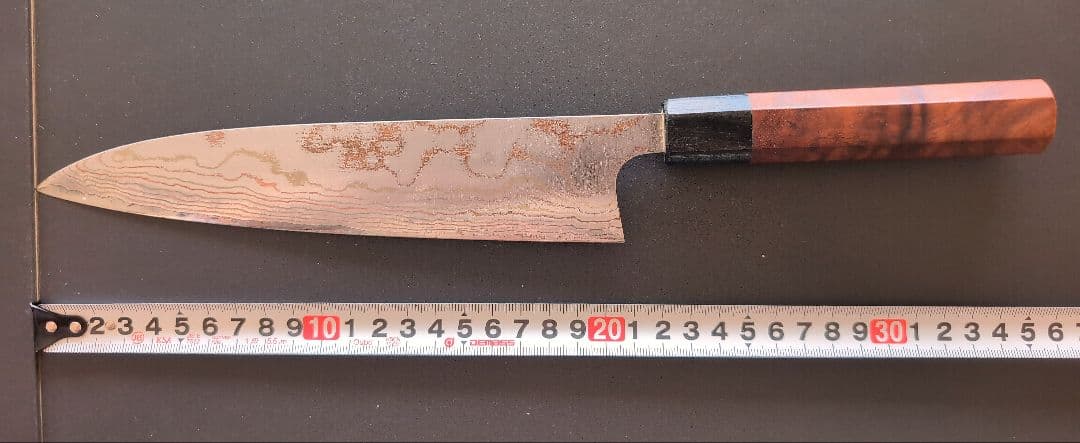 佐治武士　有色ダマスカス牛刀 21cm 木製ハンドル
