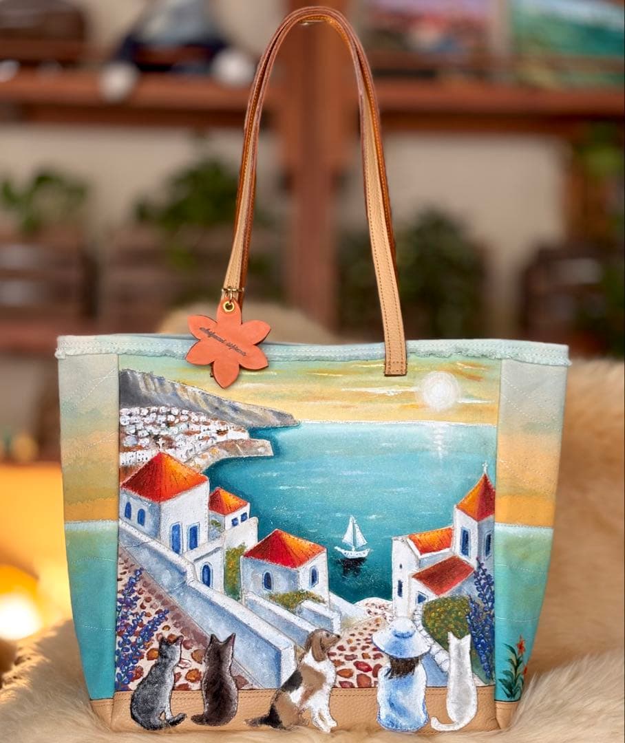 (手づくり)\"感謝溢れ出る日の夕暮れ\"レザー帆布トートバッグ/ネコ刺繍
