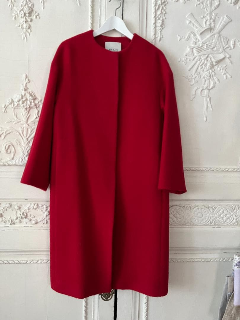【美品】LOULOU WILLOUGHBY モヘヤ混ノーカラーコート 赤 1