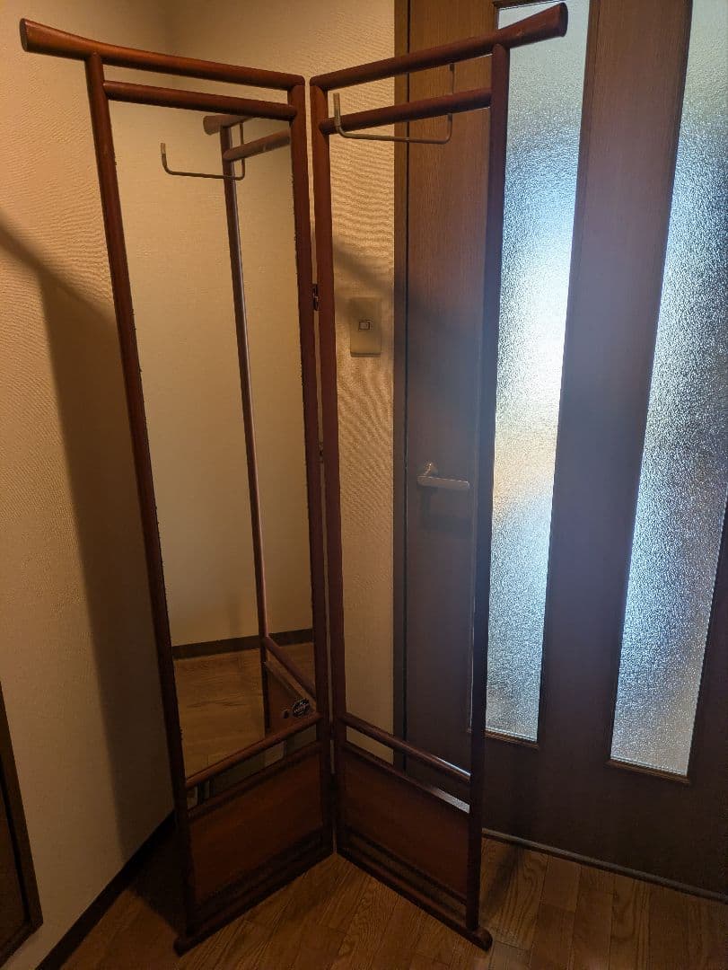 木製折りたたみハンガーラック 鏡付き