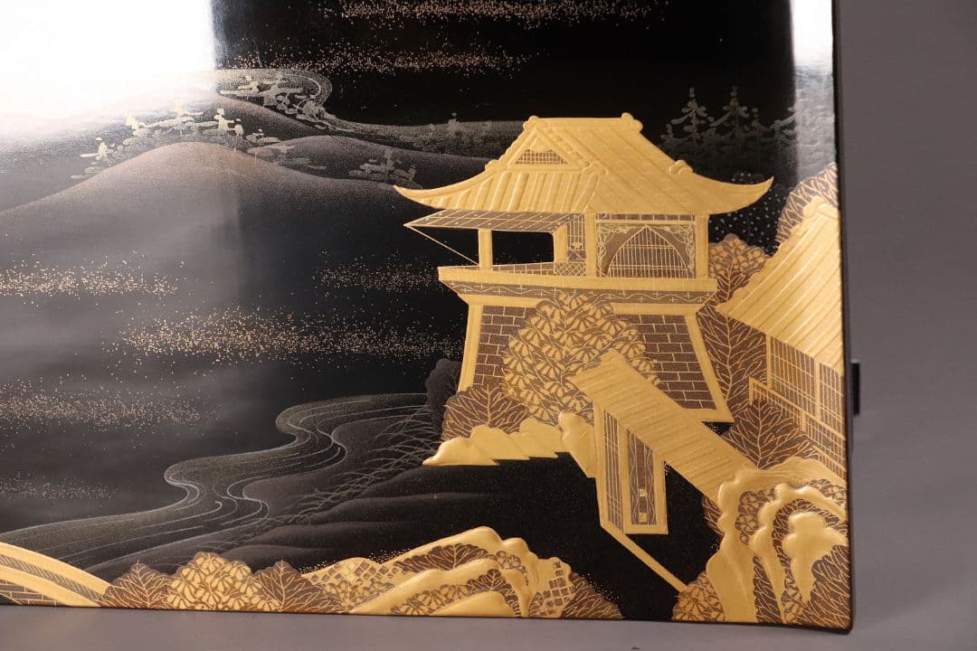 輪島塗 久世宗春 山水金蒔絵 冠卓 二段卓 花台 黒塗 天然木【MA366】