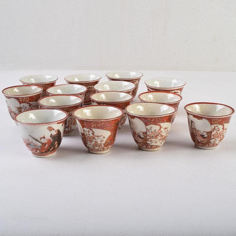 九谷焼　古九谷　赤絵金彩　煎茶碗　3種十四客まとめて　時代箱付　D　R9502