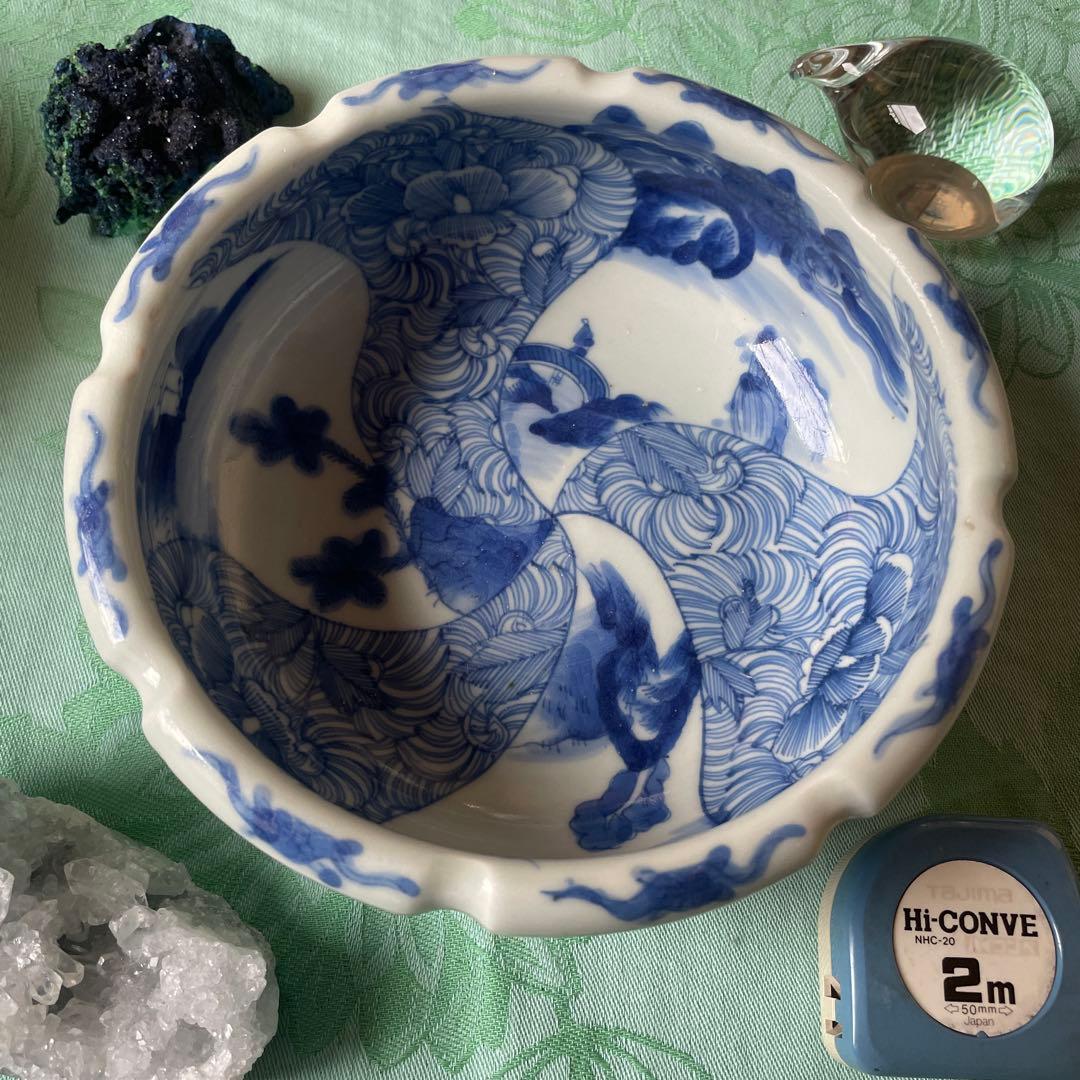 江戸期　古伊万里　染付　中深鉢　山水図