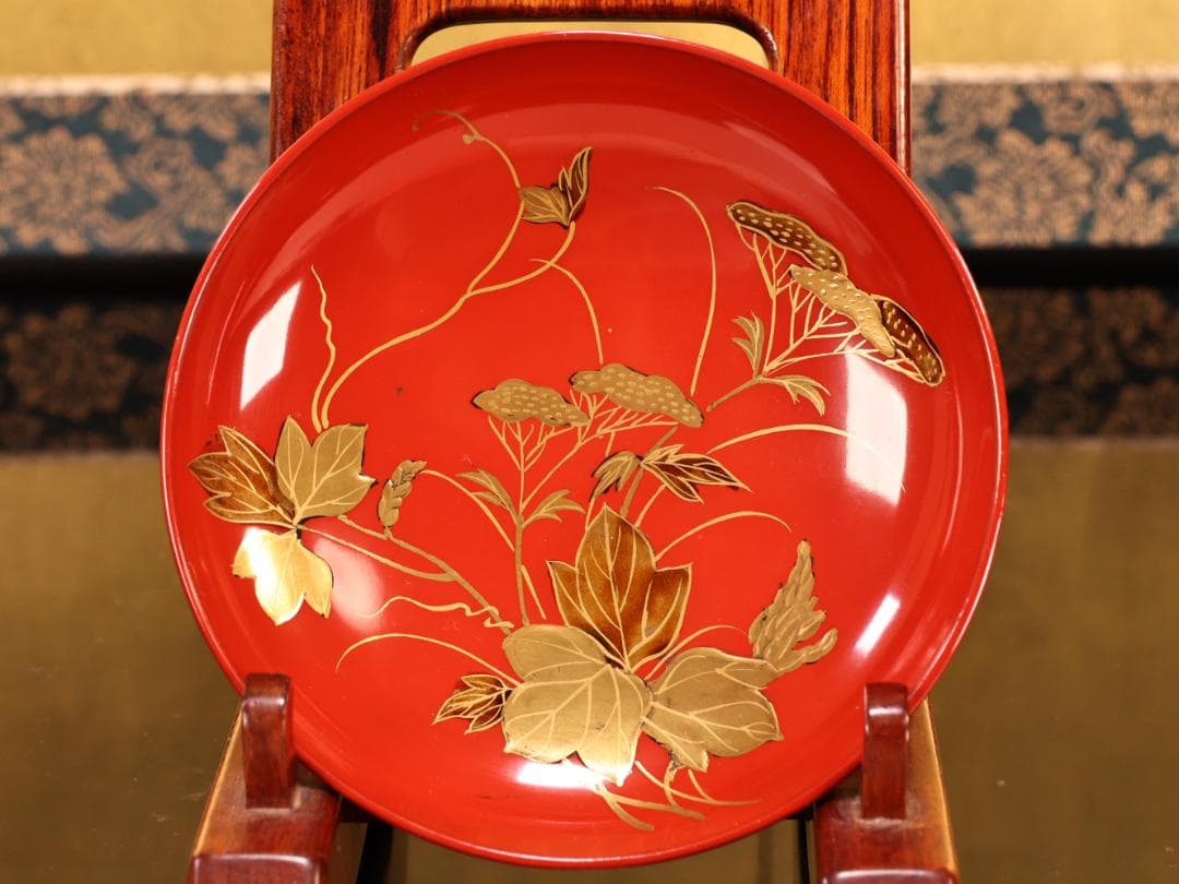 BK422　時代輪島塗　草花図金蒔絵　吸物椀　二客　木製　茶道具 懐石 菓子