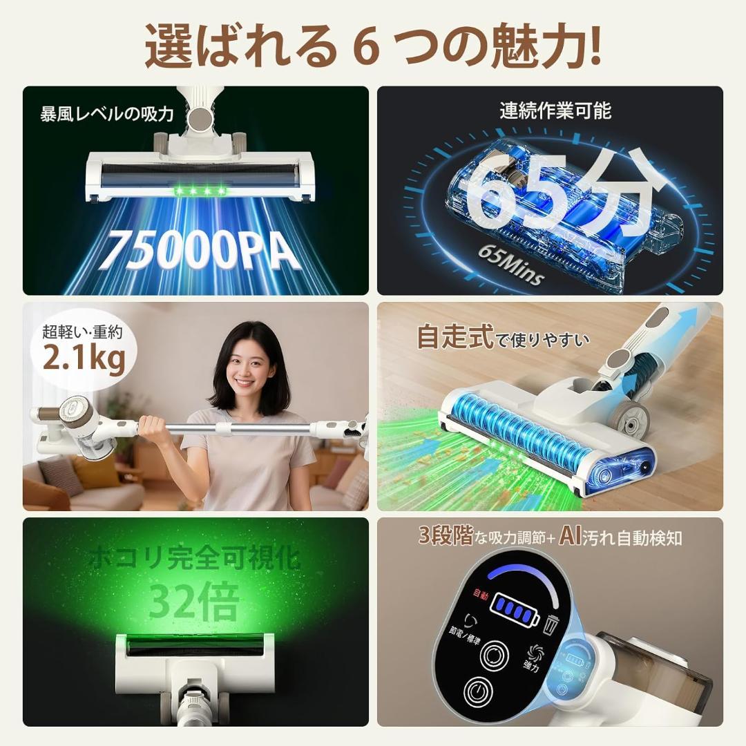 コードレス 掃除機 自立式 65分連続駆動 スタンド付　軽量　強力　ライト