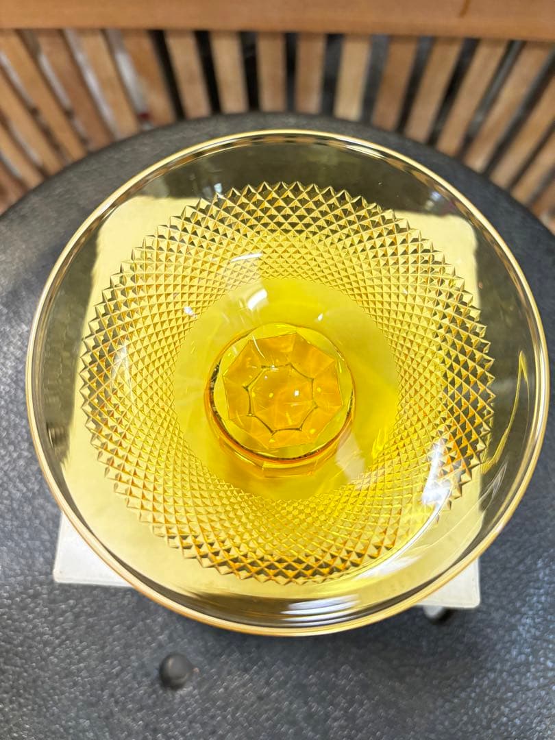 超美品 江戸被切子 二代 岳茂 作品ダイヤモンドカット 黄色 激安投売り