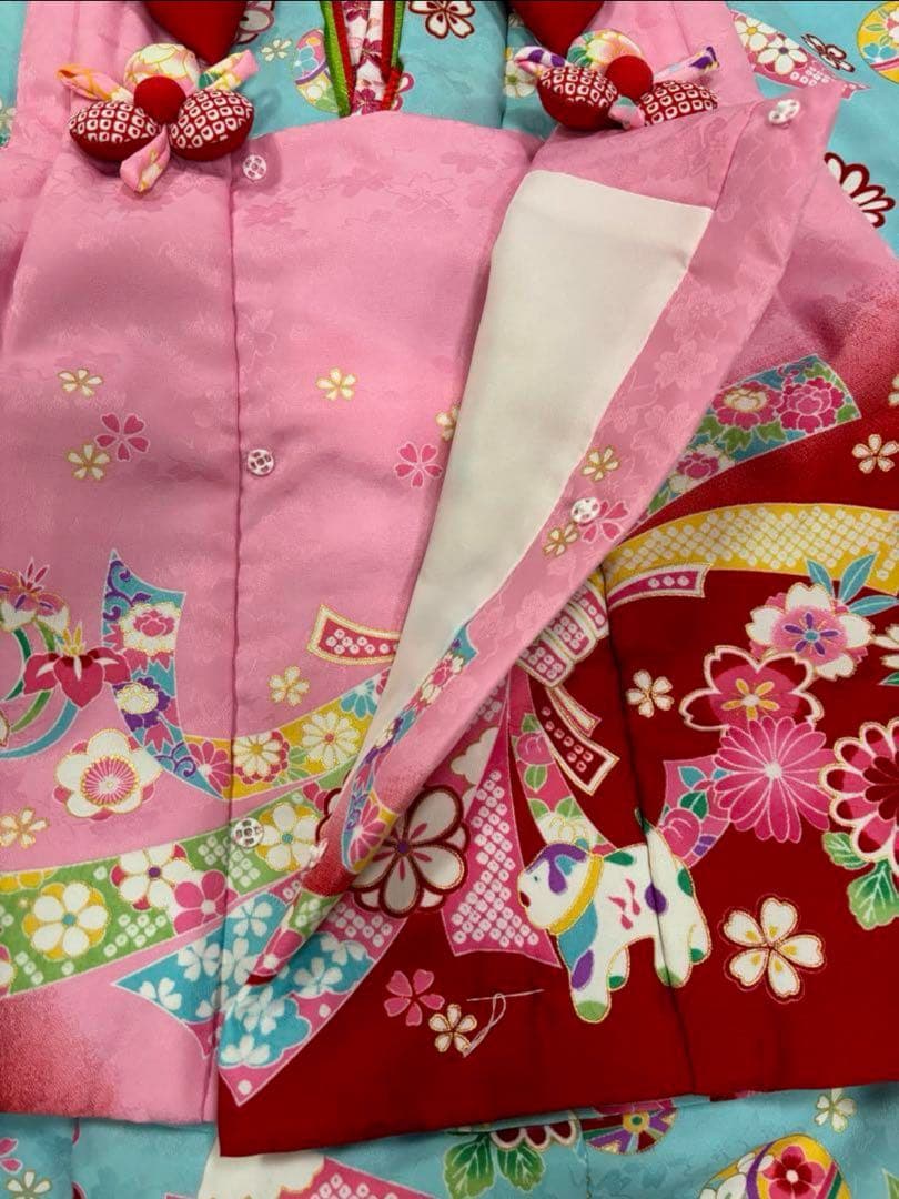 七五三　女の子　はなひめ　水色着物　カラフル　桜　熨斗目　狛犬　新品