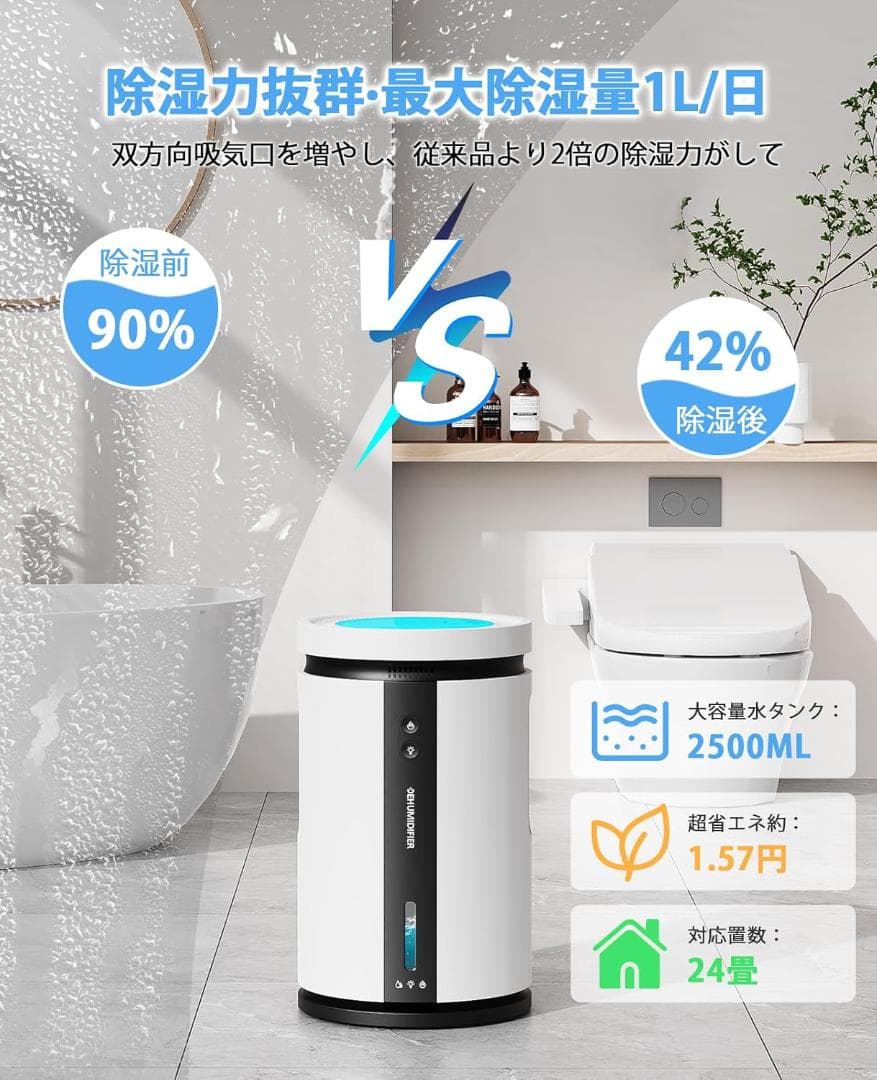 K008 除湿機 小型 衣類乾燥 省エネ 静音 マイナスイオン機能 7色
