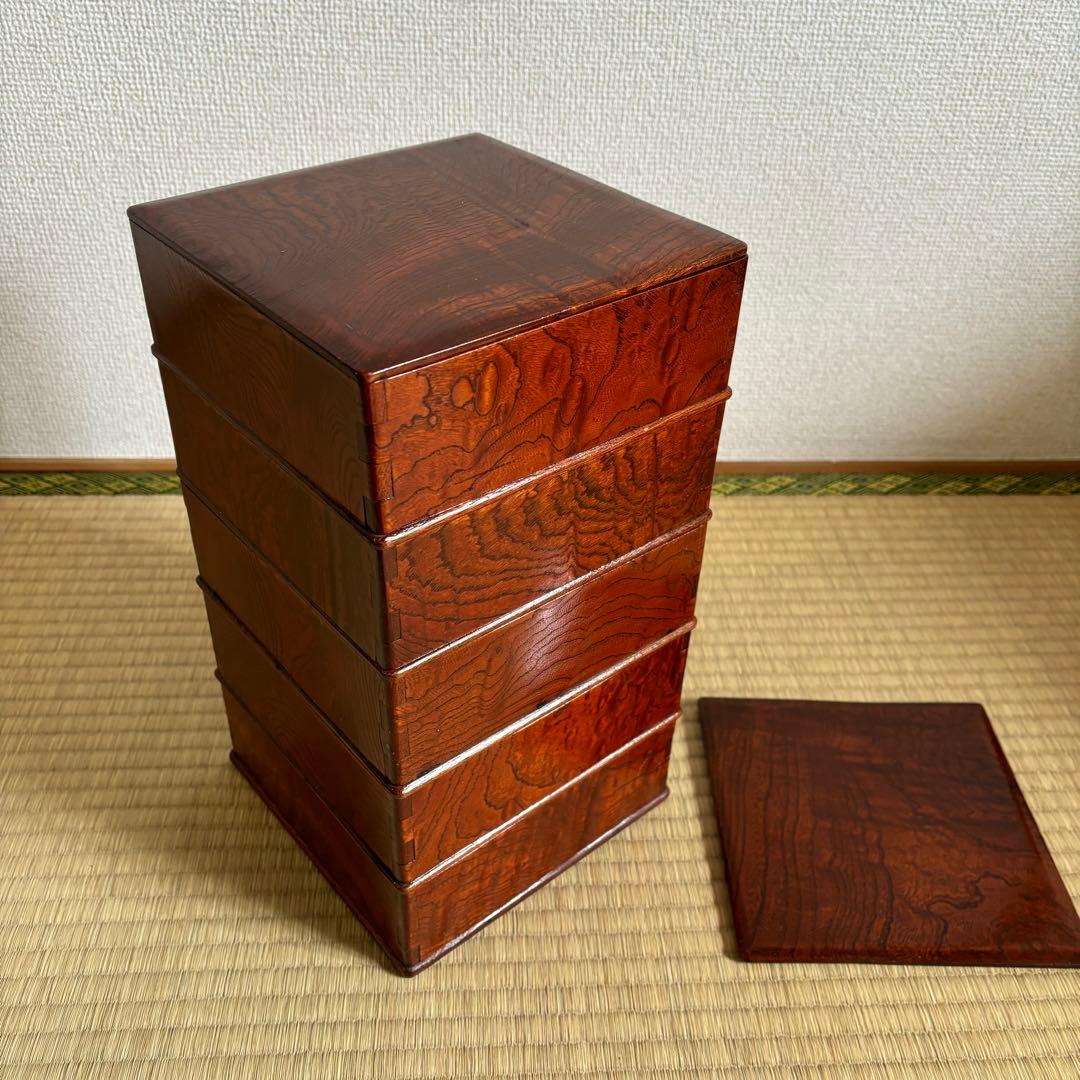 重箱　五段　木製　欅　古民芸　骨董　古美術　アンティーク　大正　昭和　工芸