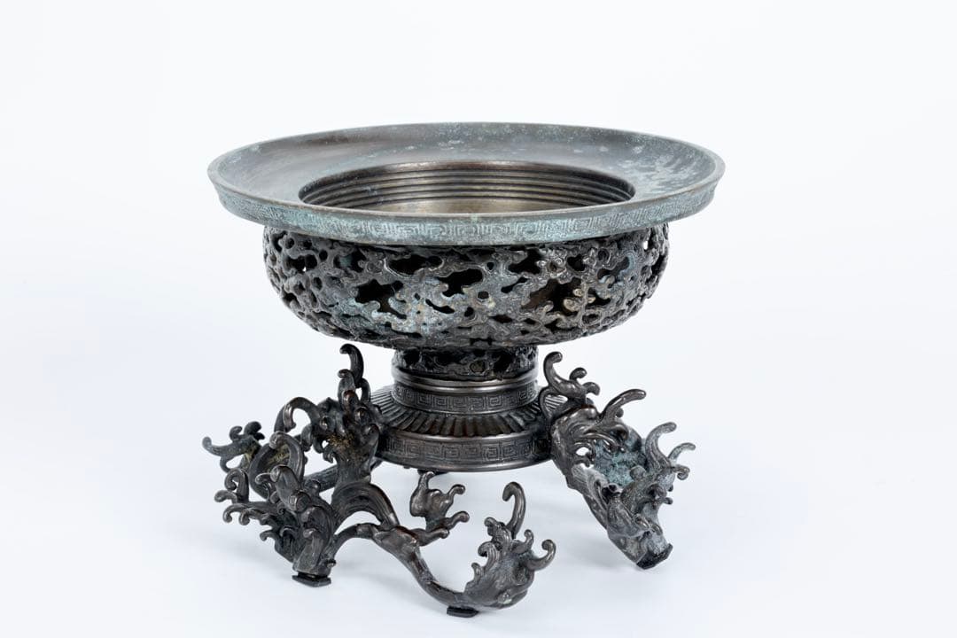 中国 古玩 薄端 波 銅 花器 生花 華道具 水盤 鉢 水鉢 古美術品 骨董品