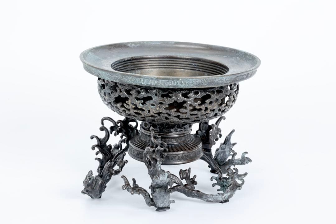 中国 古玩 薄端 波 銅 花器 生花 華道具 水盤 鉢 水鉢 古美術品 骨董品