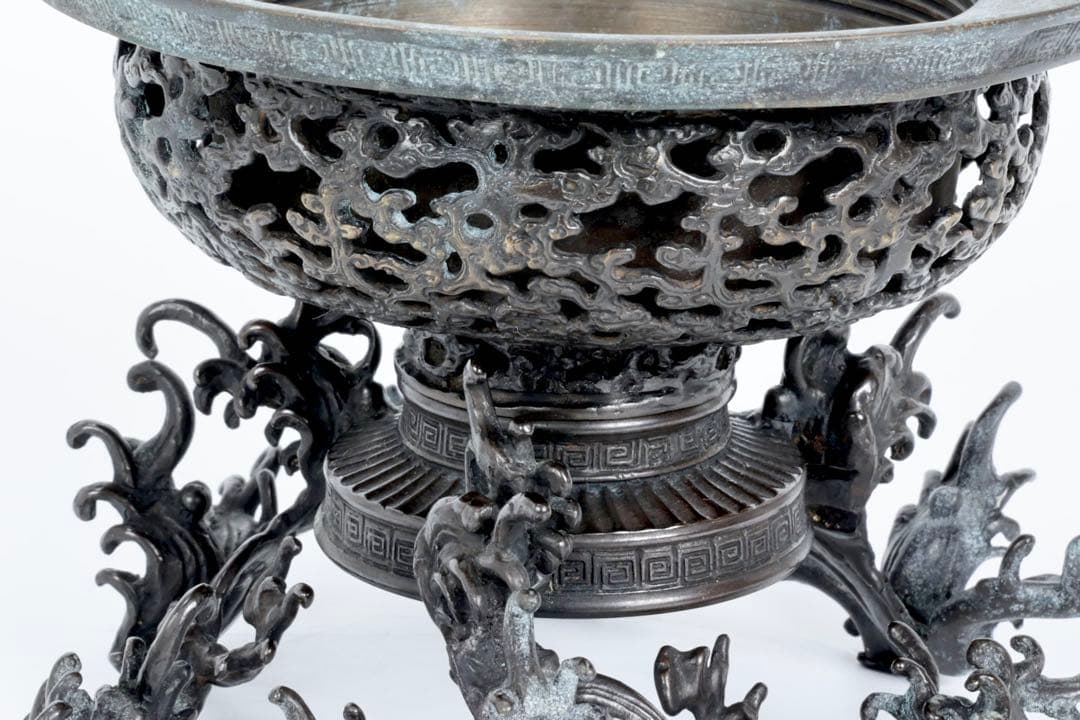 中国 古玩 薄端 波 銅 花器 生花 華道具 水盤 鉢 水鉢 古美術品 骨董品