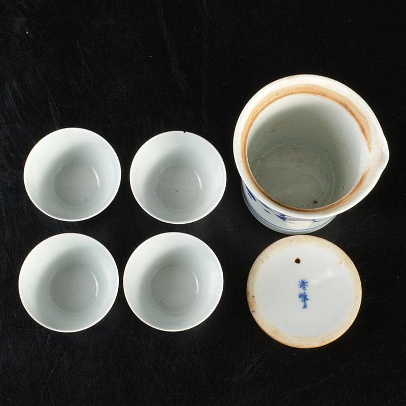 煎茶道具　京焼　平安春峰作　染付雲鶴文　煎茶器　宝瓶　煎茶碗四客　M　R6805