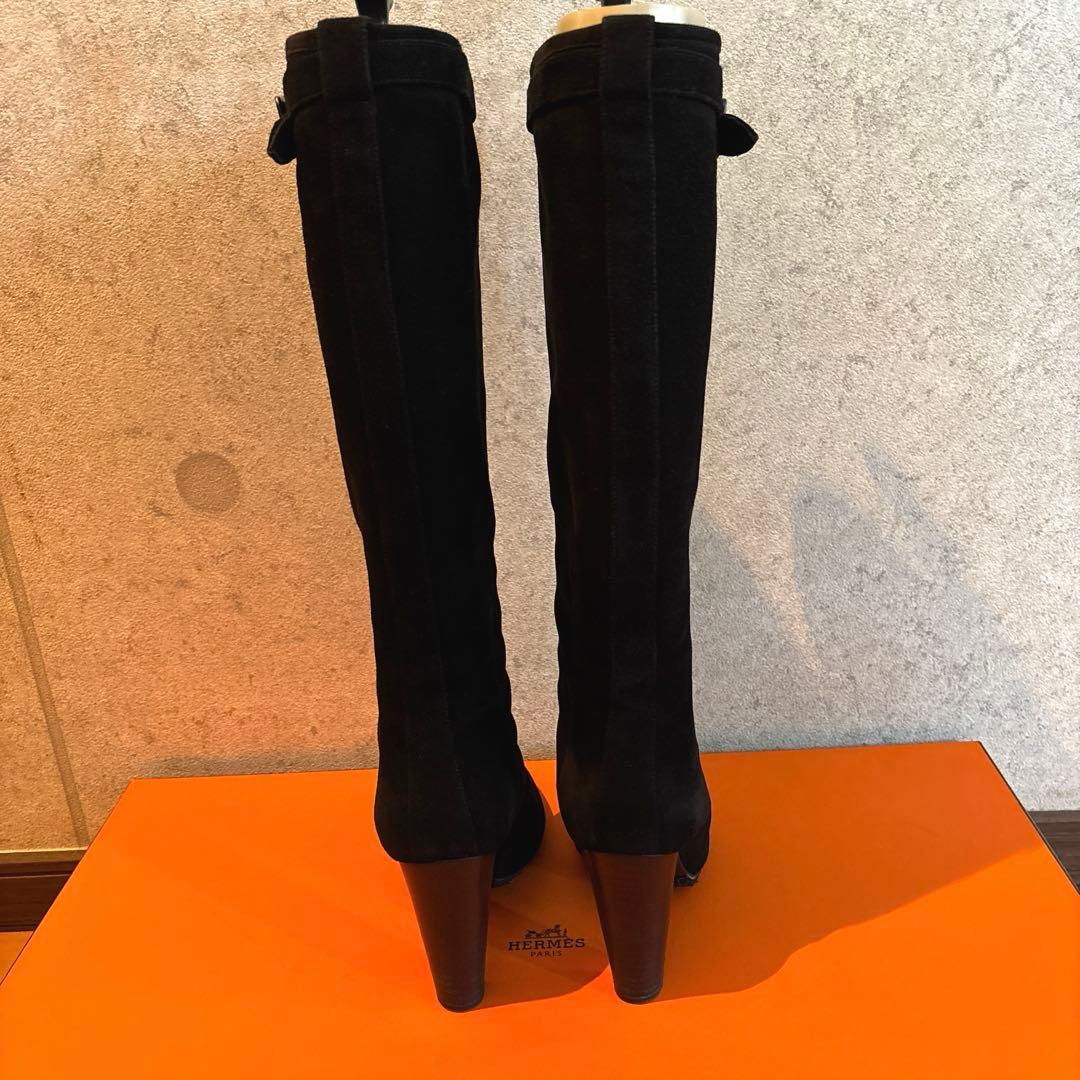 SALE 箱 袋 リボン付【美品】✨エルメス　ロング　ブーツ　スエード✨ブラック