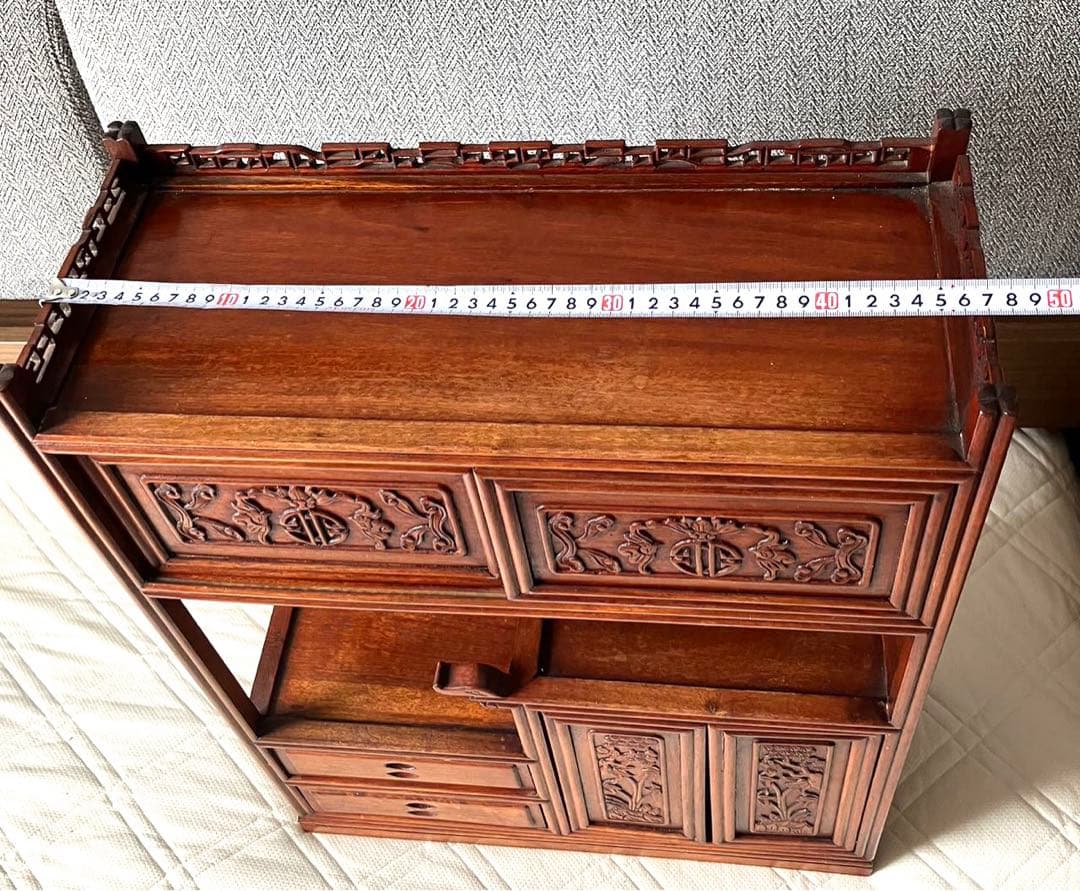 美品 唐木家具 本花梨 総無垢 茶棚 高級 茶道具 飾り棚 彫刻 煎茶道具骨董