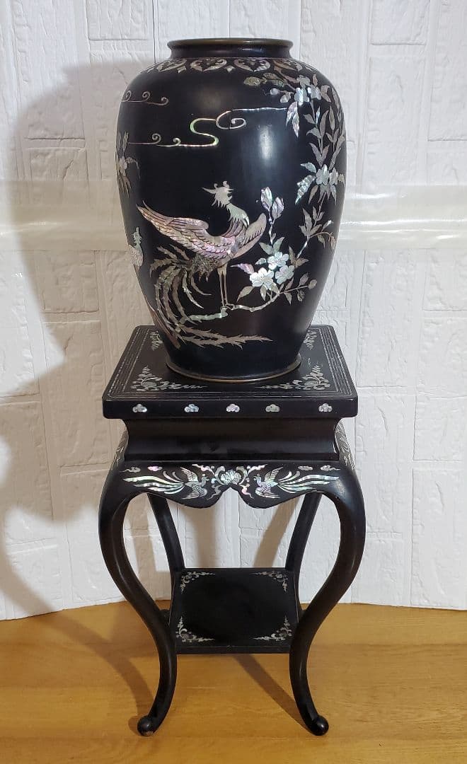 螺鈿細工　 花瓶 花台 セット　 鳳凰 　 漆器　 伝統工芸 韓国 　飾り壺