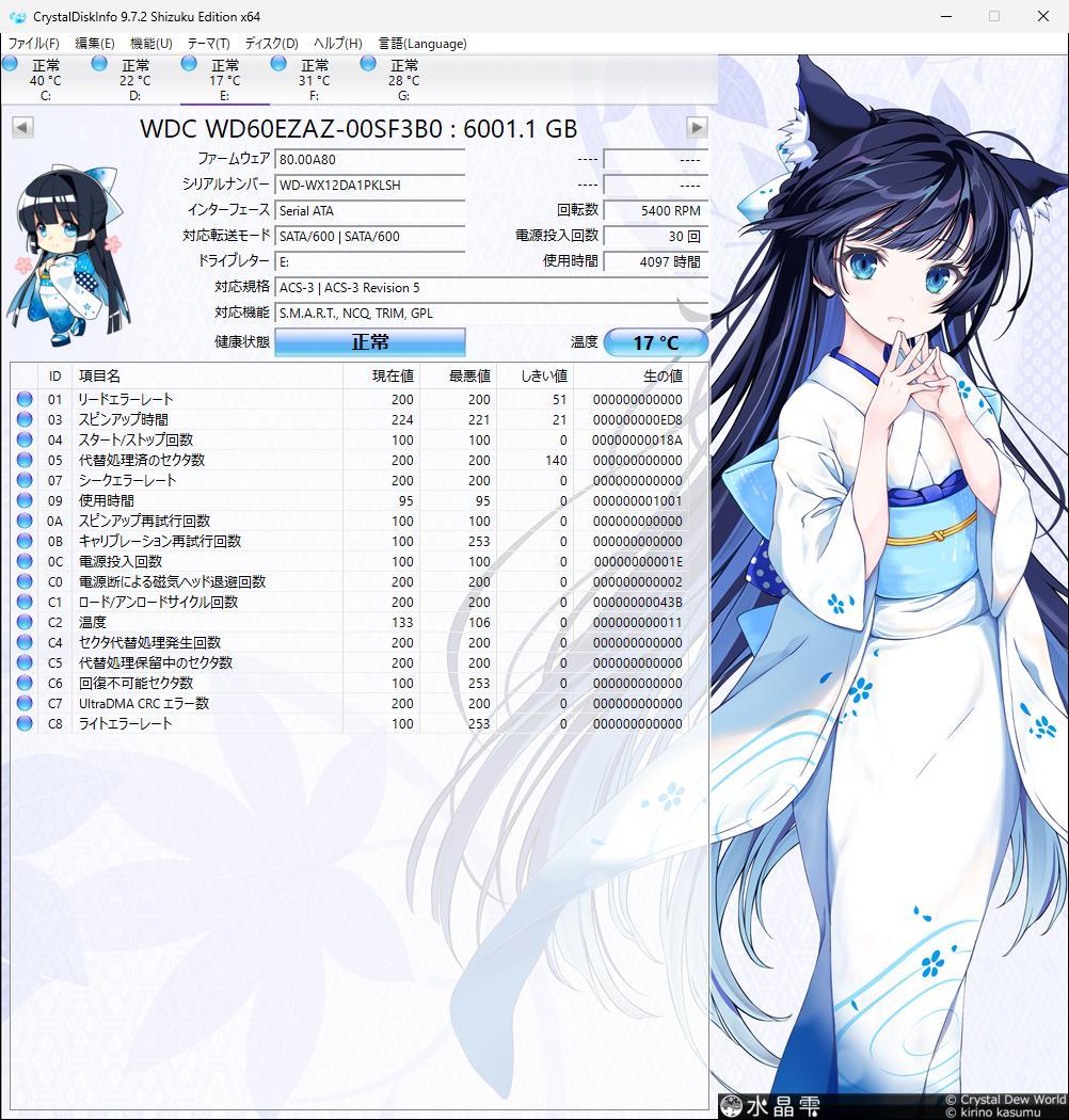 内蔵型ハードディスクドライブ Western Digital WD60EZAZ 6TB HDD (C)