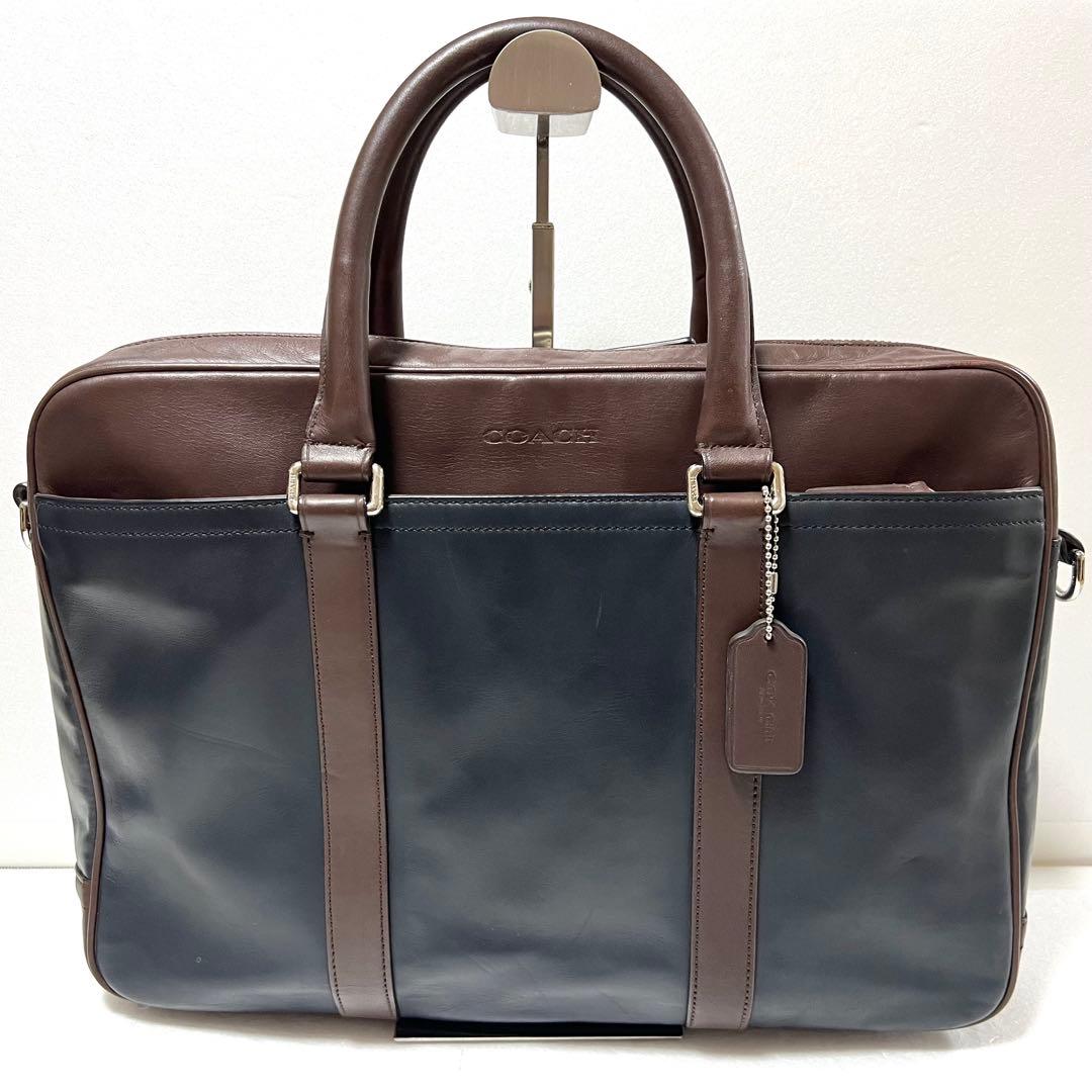 【良品】COACH コーチ ビジネスバッグ ネイビー×ブラウン 71066