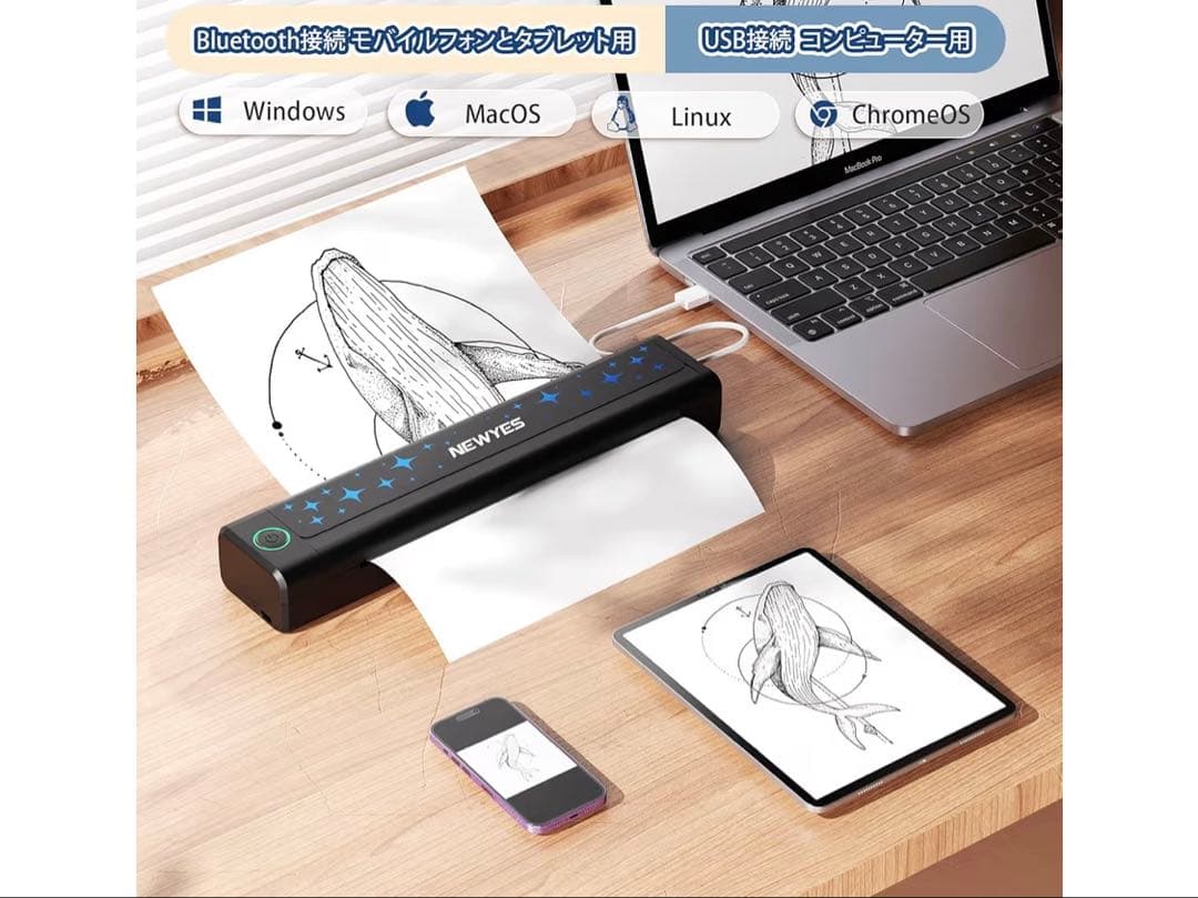サーマルプリンター インク不要 2000mAh A4サイズ210mm/216mm