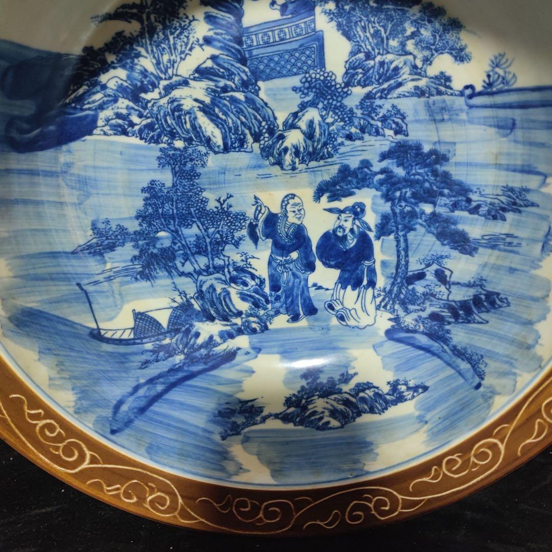 時代物　旧蔵　清国　大型　青花瓷 山水人物図　お皿　陶器　置物