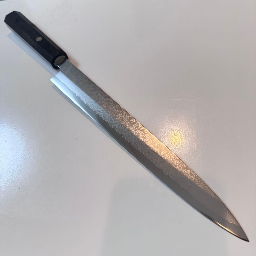 270mm ダマスカス墨流し柳刃包丁 黒檀八角柄 鏡面仕上げ 刺身用