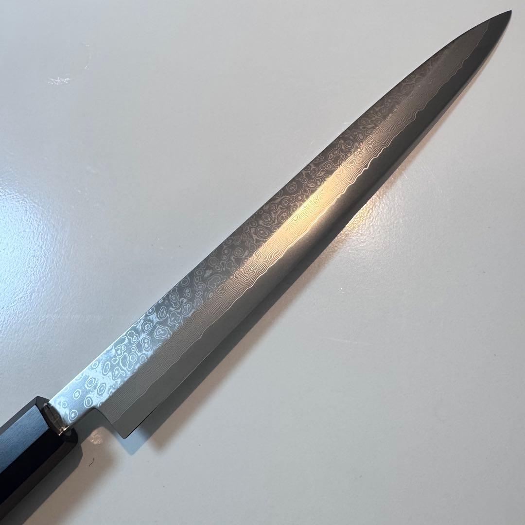 270mm ダマスカス墨流し柳刃包丁 黒檀八角柄 鏡面仕上げ 刺身用