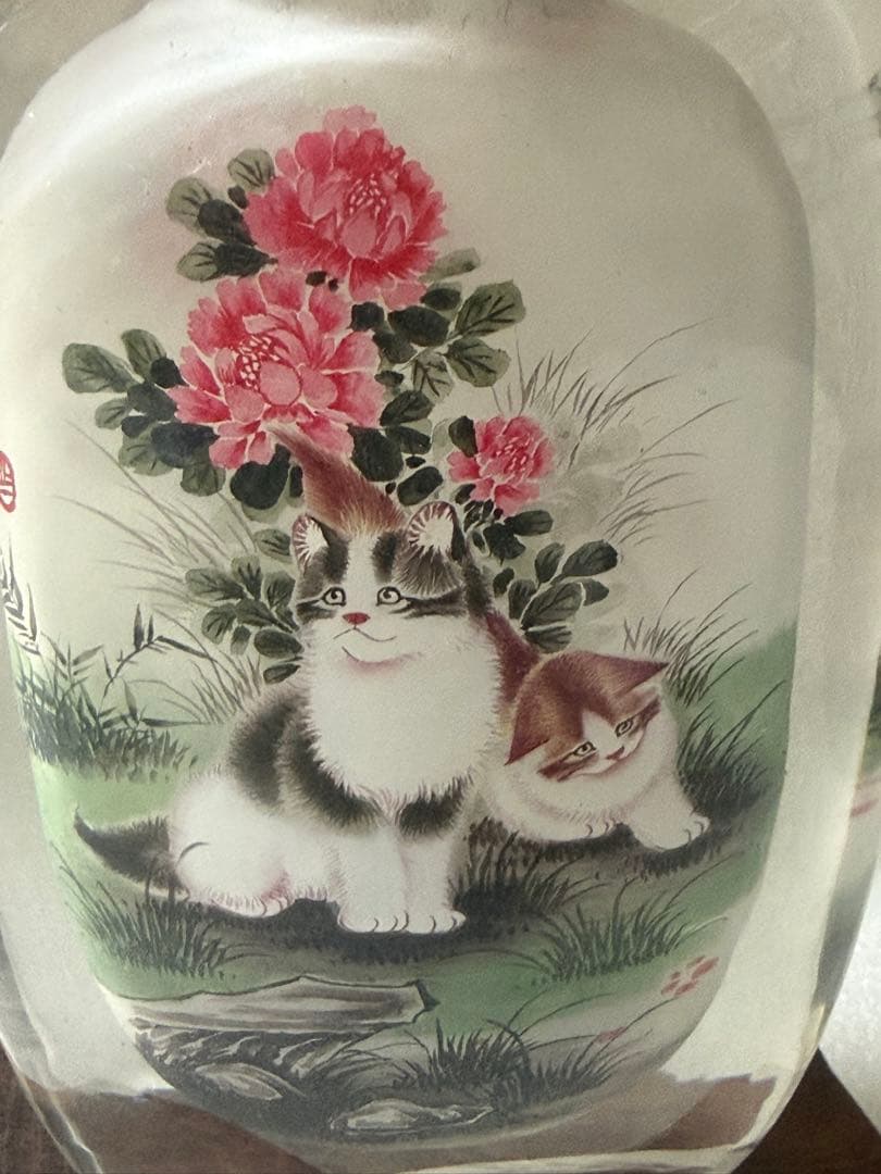 猫と花の絵柄 ガラス製鼻煙壺