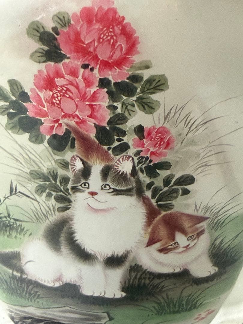 猫と花の絵柄 ガラス製鼻煙壺