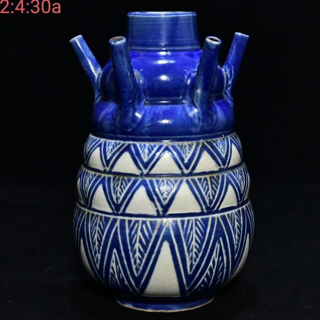 中国古美術・旧蔵の陶磁器:五連管瓶・13x23cm・茶道具・案頭・置物・文房具