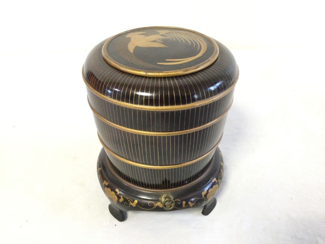 漆芸 鳳凰蒔絵 足付段重 蓋物 骨董 時代物 Mラ
