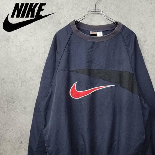 【90s 古着】ナイキ 刺繍 ナイロンジャケット ネイビー×レッド XL