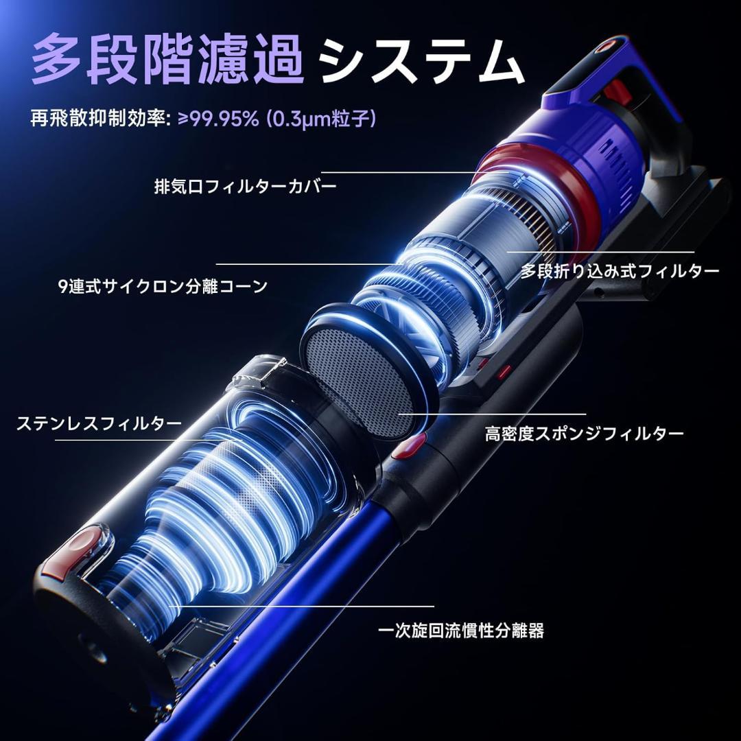 最新✨掃除機 コードレス 75kPa強力吸引 軽量 グリーンLED搭載 低騒音