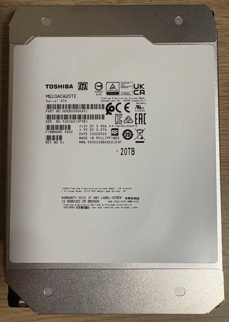 [短時間美品] 大容量HDD 東芝 20TB MG10ACA20TE SATA