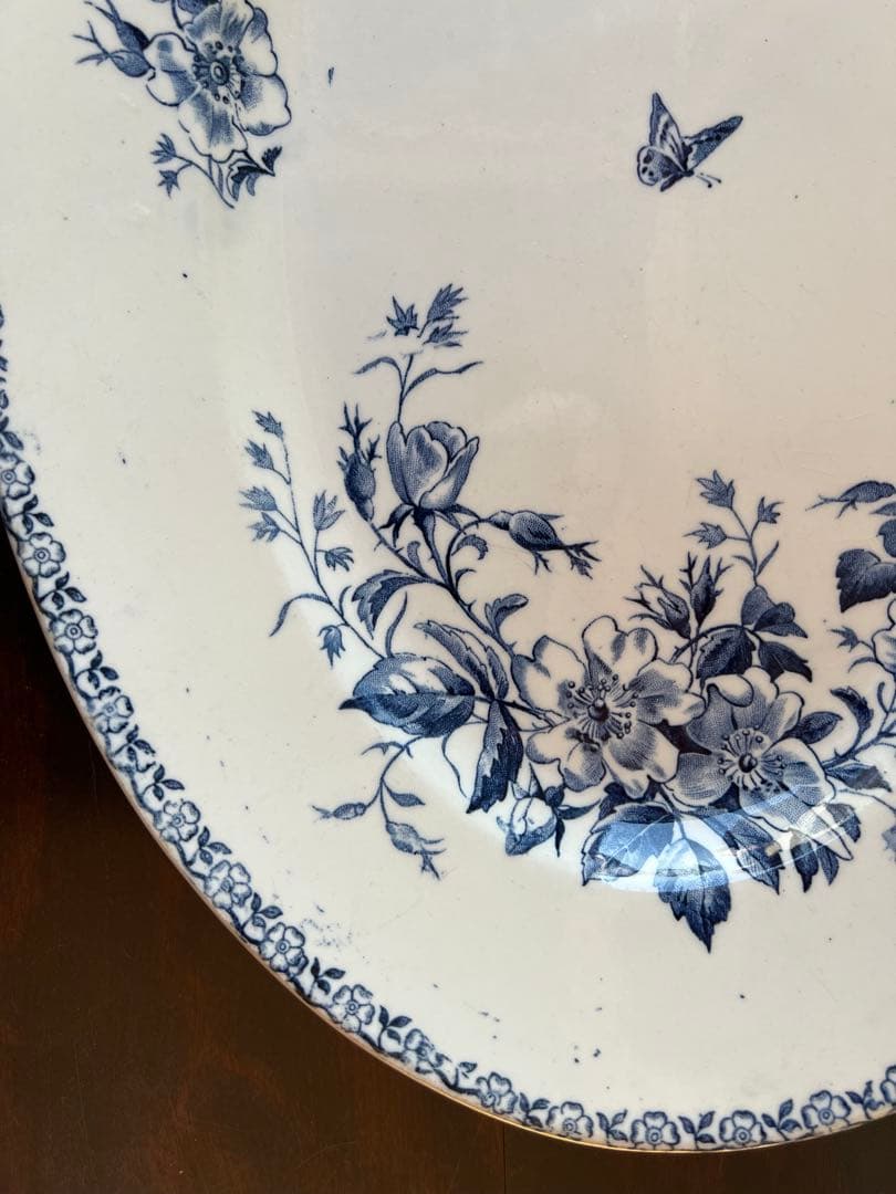 アンティーク ジアン Gien「MAI」オーバル皿 青絵・花と蝶