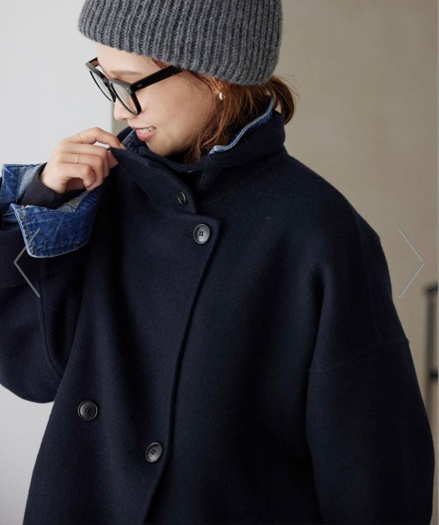 ネイビー ダブルボタン ウールコート