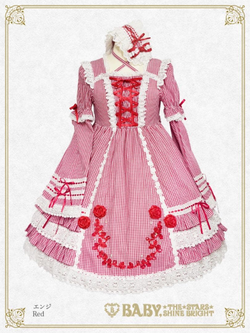 【BABY】ギンガムチェック巻バラドールワンピース　ヘッドドレス