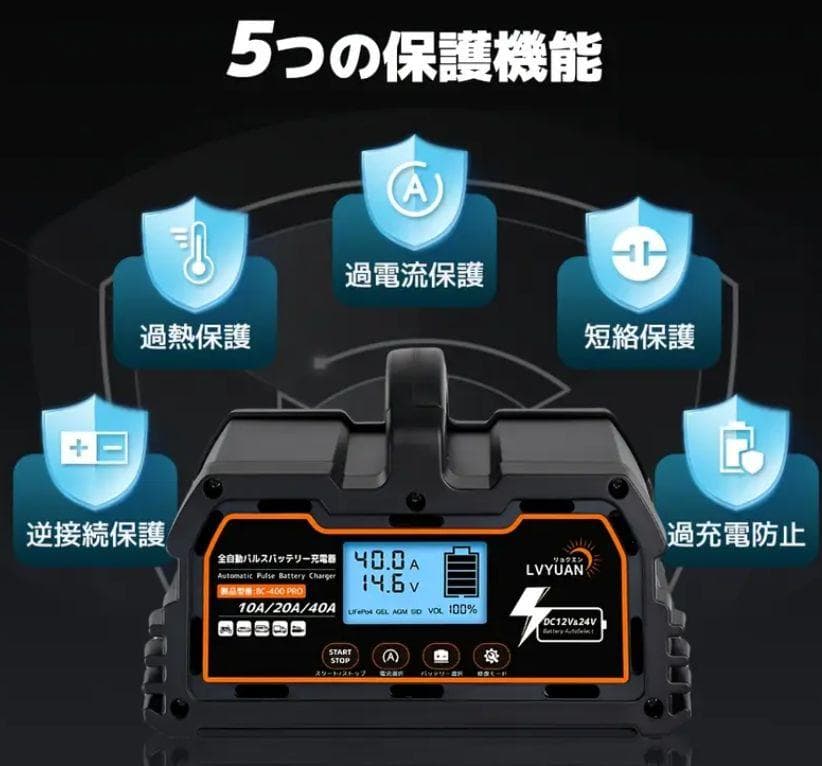 0909バッテリー充電器 40A 12V/24V鉛電池/12V LiFePO4