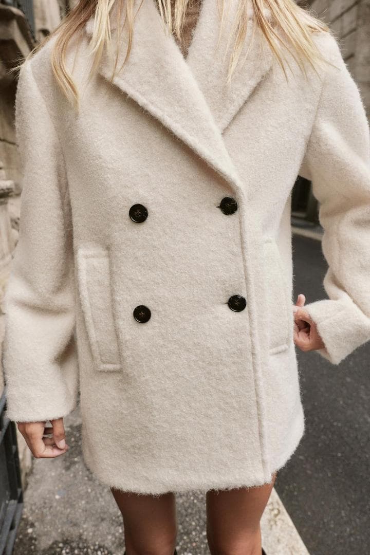 希少 Mサイズ ZARA ブークレダブルブレストミディ丈コート エクリュ