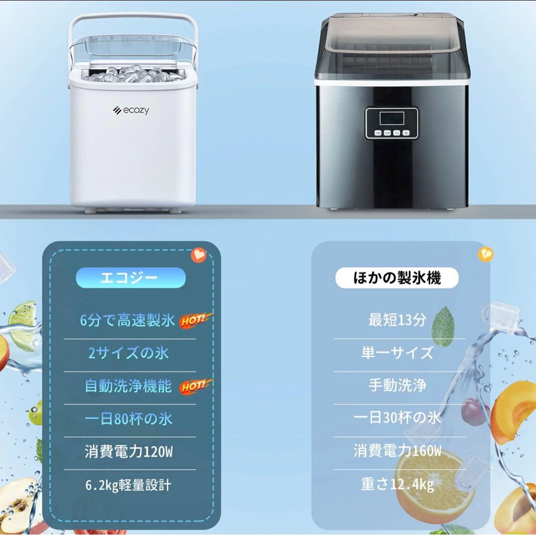 自動製氷機 家庭用 自動洗浄機能付き 高速製氷機 2サイズの氷 コンパクト 軽量