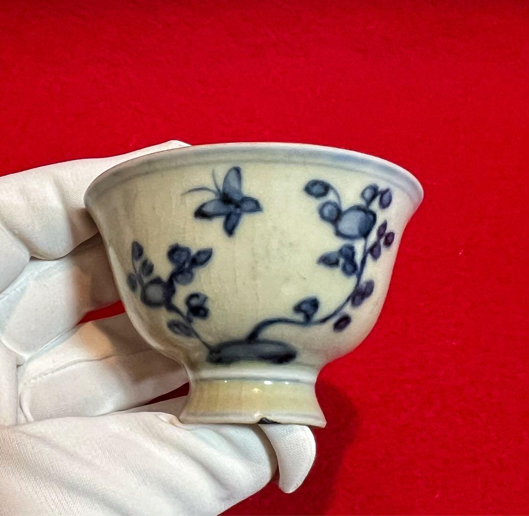 中国美術 古玩 成化年製 青花 花鳥蝶々紋樣 茶器 茶道具 古道具