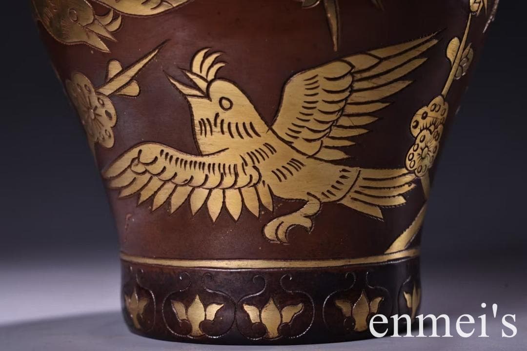 中国古美術・旧蔵鎏金の将軍罐・純手作り・純紫銅製・高浮彫・案頭・文房具・禮品