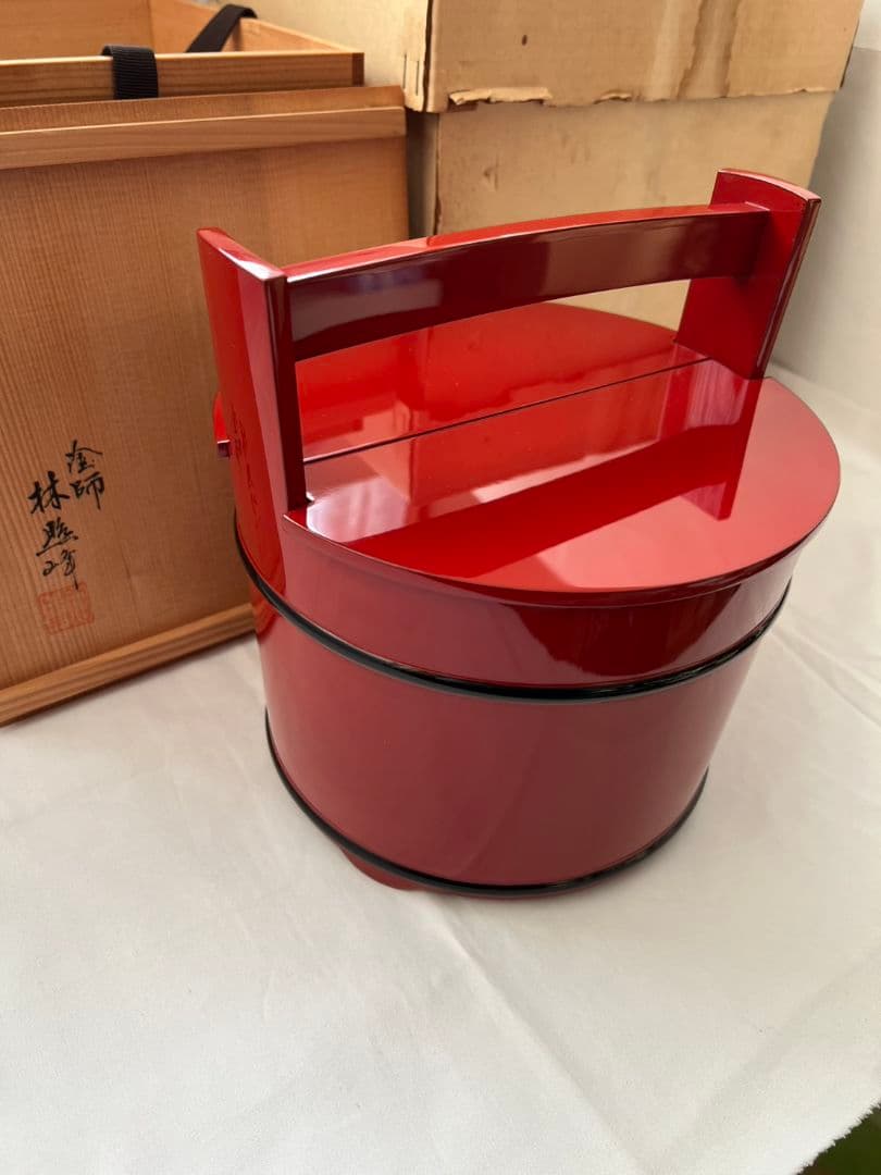 朱塗 黒筋 手桶 水指 塗師 林照峰 茶道具